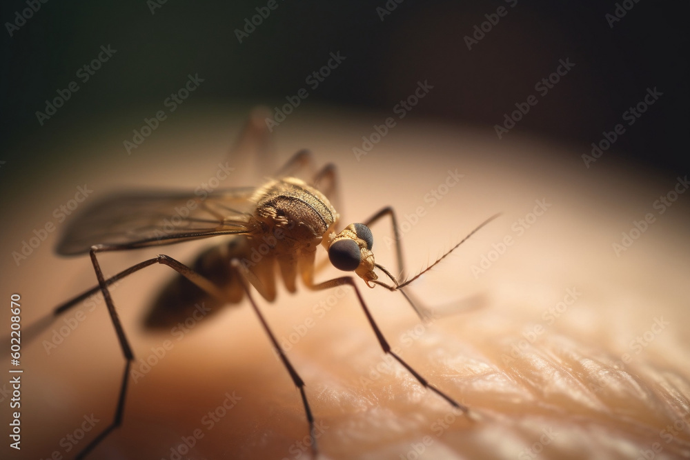 Very close up of Mosquito sitting on skin. Aedes Aegypti Mosquito on human skin.Mosquito vector borne disease is carrier of Malaria, Zica Virus, Yellow Fever. Generative AI Technology Very close up of Mosquito sitting on skin. Aedes Aegypti Mosquito on human skin.Mosquito vector borne disease is carrier of Malaria, Zica Virus, Yellow Fever. Generative AI Technology