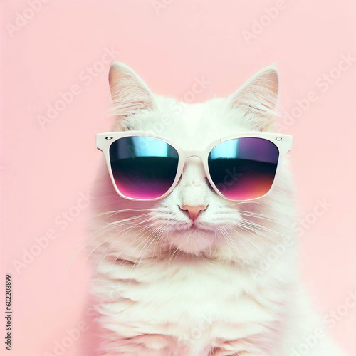 A cat wearing sunglasses and a blue background Generative AI. A cat wearing sunglasses and a pink background. Cute cat with lite background make by AI. Make by AI.