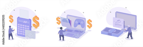 Buying products illustration set. Character is calculating expenses. Buy digital products online. Order shoes online. Vector illustration.