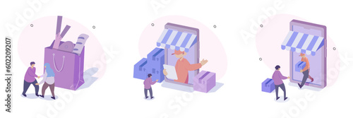 Grocery food illustration set. Character buying online Fresh organic vegetables and other groceries, paying for an order and receiving delivery. Online supermarket concept. Vector illustration.