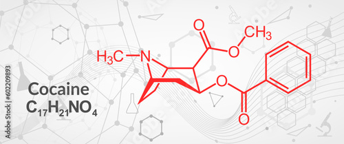 Cocaine stimulant drug molecule. Skeletal formula.