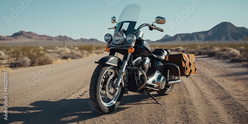 Motorcycle in a typical scenic American highway leading through the desert towards Monument Valley