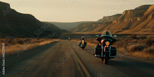 Motorcycle in a typical scenic American highway leading through the desert towards Monument Valley