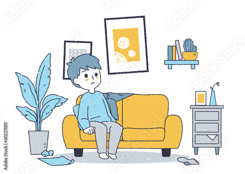 シンプルなソファに座る体調不良の男性のイラスト