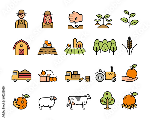 Set icons for farming, growing crops, raising animals, simple design symbols.