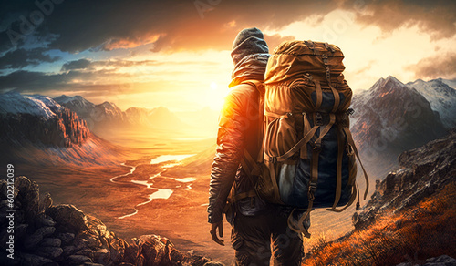 Young man traveller with backpack enjoy the mountain landscape. Concept of active leisure. Generative AI