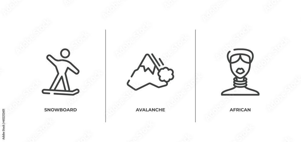 africa outline icons set. thin line icons sheet included snowboard, avalanche, african vector. africa outline icons set. thin line icons sheet included snowboard, avalanche, african vector.