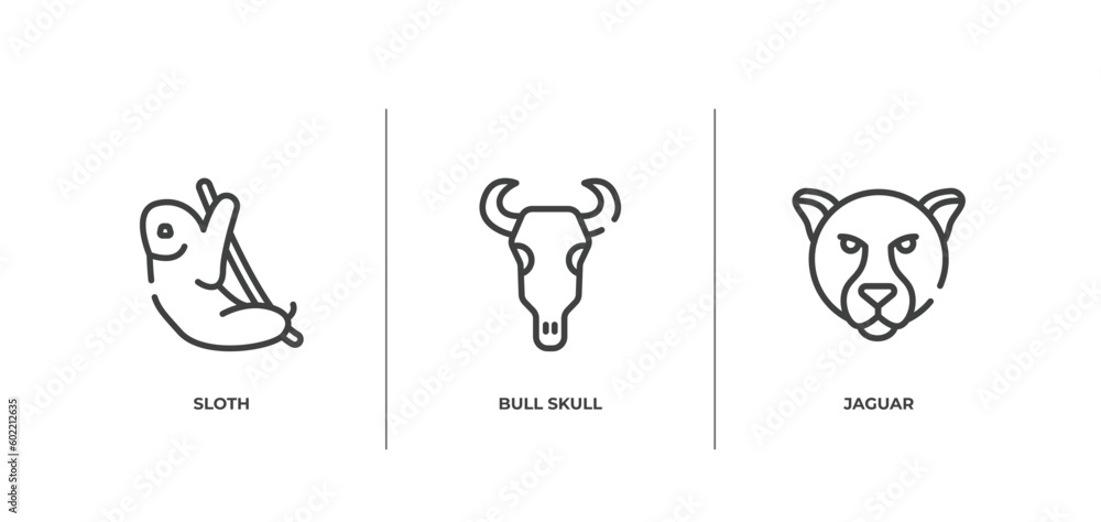 animal head outline icons set. thin line icons sheet included sloth, bull skull, jaguar vector. animal head outline icons set. thin line icons sheet included sloth, bull skull, jaguar vector.