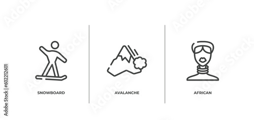 africa outline icons set. thin line icons sheet included snowboard, avalanche, african vector.