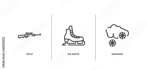 winter nature outline icons set. thin line icons sheet included rifle, ice skate, snowing vector.