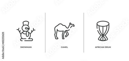 africa outline icons set. thin line icons sheet included snowman  camel  african drum vector.