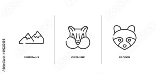 animal head outline icons set. thin line icons sheet included mountains, chipmunk, racoon vector.