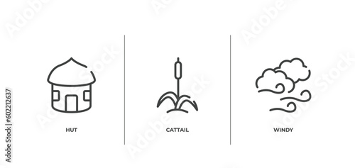 winter nature outline icons set. thin line icons sheet included hut, cattail, windy vector.