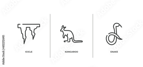 animals outline icons set. thin line icons sheet included icicle, kangaroo, snake vector.