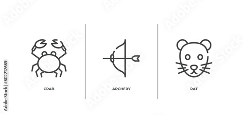 animal head outline icons set. thin line icons sheet included crab, archery, rat vector.