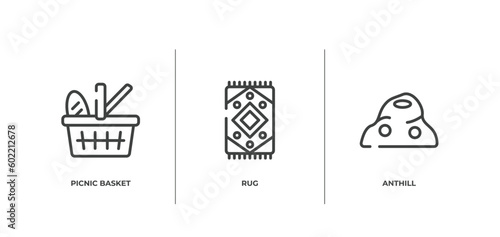 wildlife outline icons set. thin line icons sheet included picnic basket, rug, anthill vector.