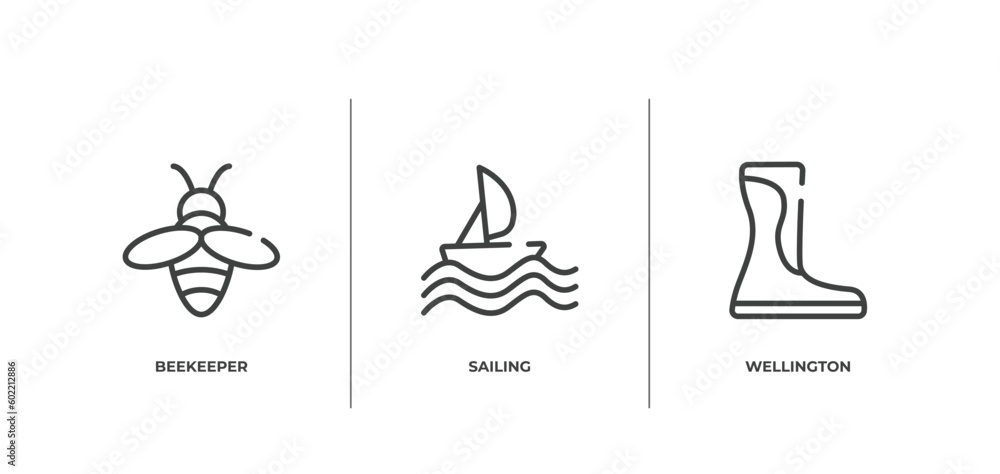 Fototapeta premium spring outline icons set. thin line icons sheet included beekeeper, sailing, wellington vector.