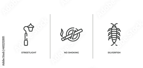 insects outline icons set. thin line icons sheet included streetlight, no smoking, silverfish vector.