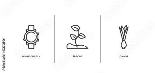 spring outline icons set. thin line icons sheet included diving watch, sprout, onion vector.