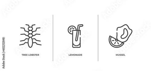 nature outline icons set. thin line icons sheet included tree lobster, lemonade, mussel vector.