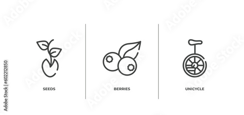circus outline icons set. thin line icons sheet included seeds, berries, unicycle vector.