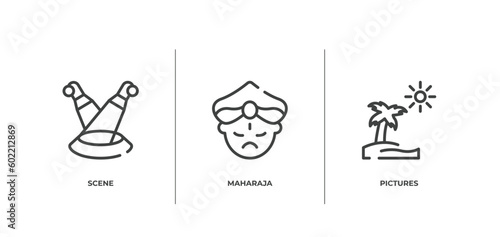 tropical outline icons set. thin line icons sheet included scene, maharaja, pictures vector.