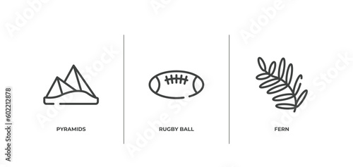 tropical outline icons set. thin line icons sheet included pyramids, rugby ball, fern vector.