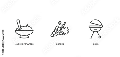 spring outline icons set. thin line icons sheet included mashed potatoes, grapes, grill vector.