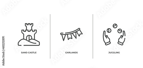 circus outline icons set. thin line icons sheet included sand castle, garlands, juggling vector.