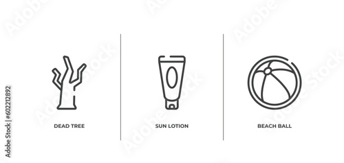 tropical outline icons set. thin line icons sheet included dead tree, sun lotion, beach ball vector.