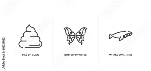 free animals outline icons set. thin line icons sheet included pile of dung, butterfly wings, whale swimming vector.