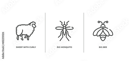 fauna outline icons set. thin line icons sheet included sheep with curly wool, big mosquito, big bee vector.