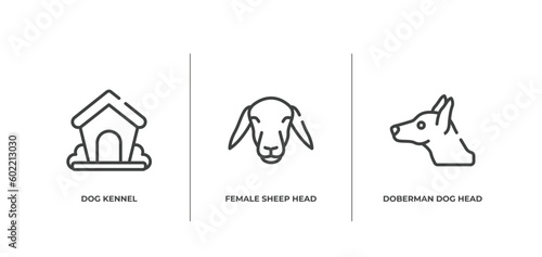 woof woof outline icons set. thin line icons sheet included dog kennel, female sheep head, doberman dog head vector.