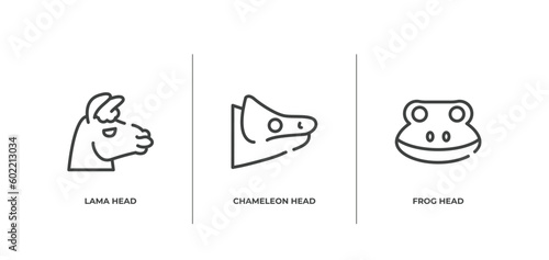 fauna outline icons set. thin line icons sheet included lama head, chameleon head, frog head vector.