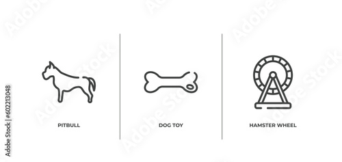 pet shop outline icons set. thin line icons sheet included pitbull, dog toy, hamster wheel vector.