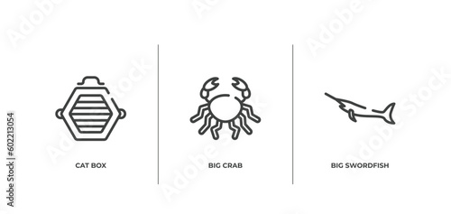 fauna outline icons set. thin line icons sheet included cat box, big crab, big swordfish vector.