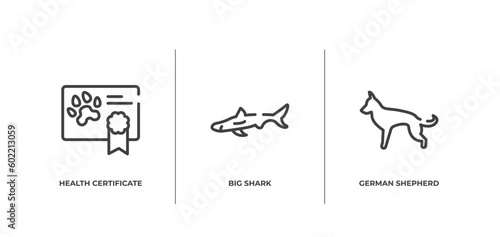 dog and training outline icons set. thin line icons sheet included health certificate  big shark  german shepherd vector.