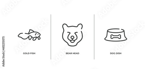 dog and training outline icons set. thin line icons sheet included gold fish, bear head, dog dish vector.