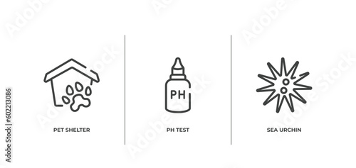 minimal animals outline icons set. thin line icons sheet included pet shelter, ph test, sea urchin vector.