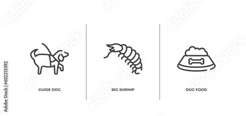 pet shop outline icons set. thin line icons sheet included guide dog  big shrimp  dog food vector.