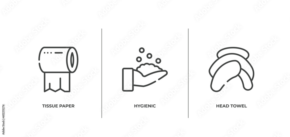 beauty outline icons set. thin line icons sheet included tissue paper, hygienic, head towel vector. beauty outline icons set. thin line icons sheet included tissue paper, hygienic, head towel vector.