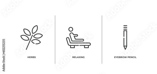 beauty outline icons set. thin line icons sheet included herbs, relaxing, eyebrow pencil vector.