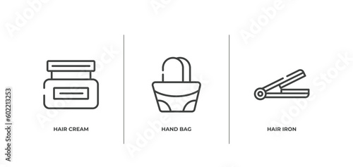 beauty & cosmetics outline icons set. thin line icons sheet included hair cream, hand bag, hair iron vector.