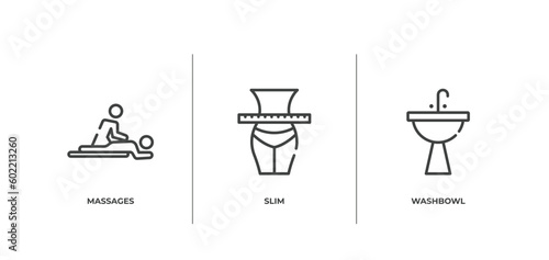 spa elements outline icons set. thin line icons sheet included massages, slim, washbowl vector.
