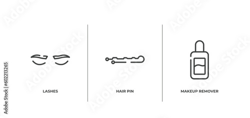 beauty outline icons set. thin line icons sheet included lashes, hair pin, makeup remover vector.