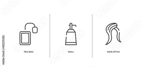 beauty outline icons set. thin line icons sheet included tea bag, null, hair style vector.