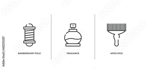 beauty outline icons set. thin line icons sheet included barbershop pole, fragance, afro pick vector.