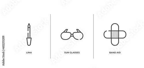 beauty outline icons set. thin line icons sheet included lima, sun glasses, band aid vector.