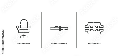 hairdressing and barbershop outline icons set. thin line icons sheet included salon chair, curling tongs, razorblade vector.