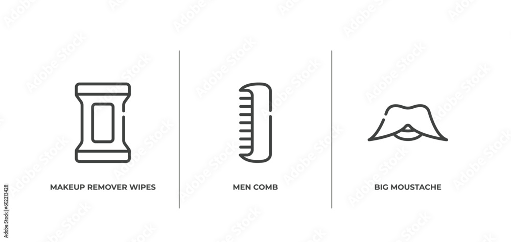 Fototapeta premium beauty salon outline icons set. thin line icons sheet included makeup remover wipes, men comb, big moustache vector.